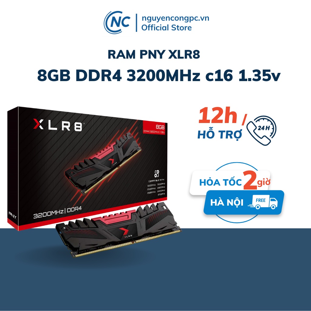 Ram máy tính PNY XLR8 Gaming có tản 8GB (1x8GB) DDR4 3200MHz - Hàng chính hãng BH 36 tháng