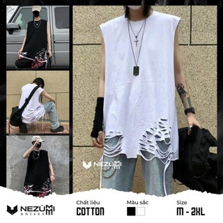 (Sẵn đen, trắng) Áo tanktop 95% cotton rách gấu tạo layer đen trắng - Áo ba lỗ bóng rổ unisex nam nữ