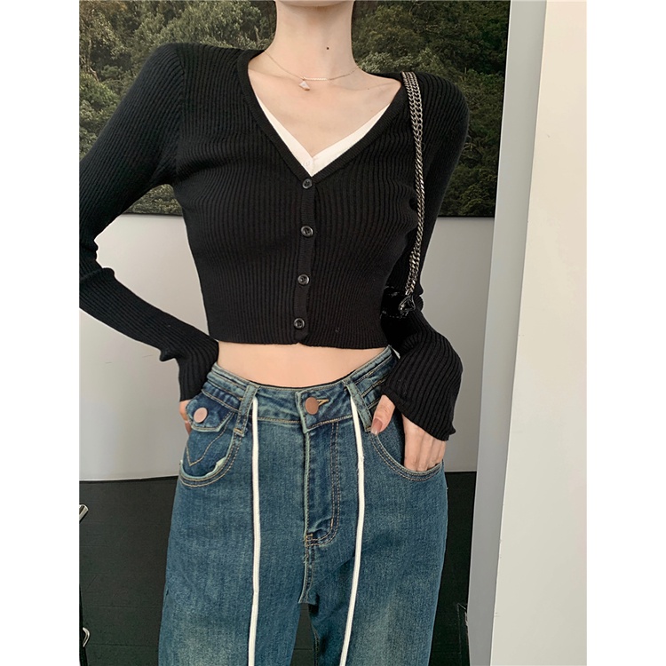 Áo croptop SUXI dệt kim tay dài cổ chữ V dáng ôm phong cách Hàn Quốc cho nữ