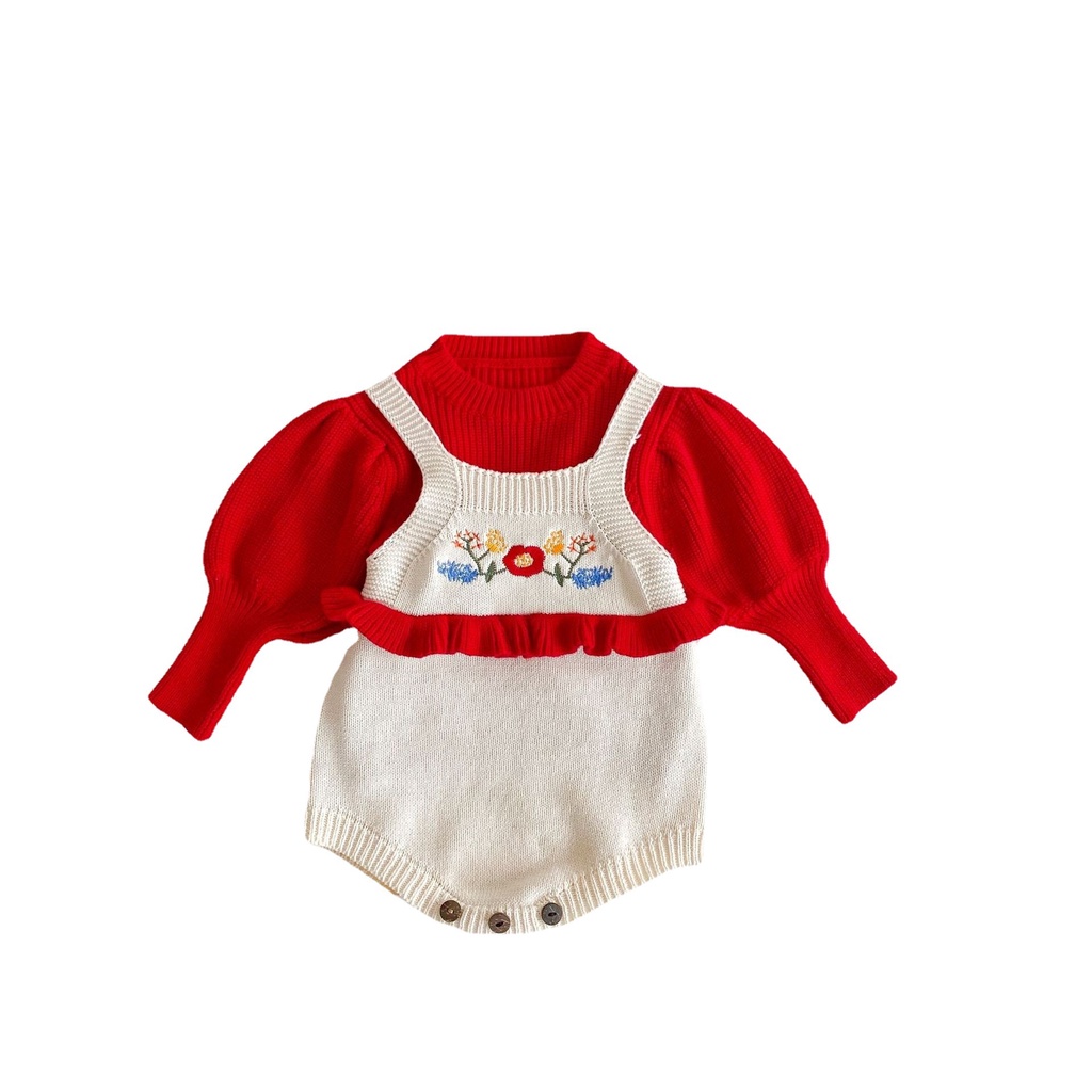 Bộ Áo Liền Quần Tay Phồng Thêu Họa Tiết Thời Trang Thu Đông 2023 Cho Bé Gái