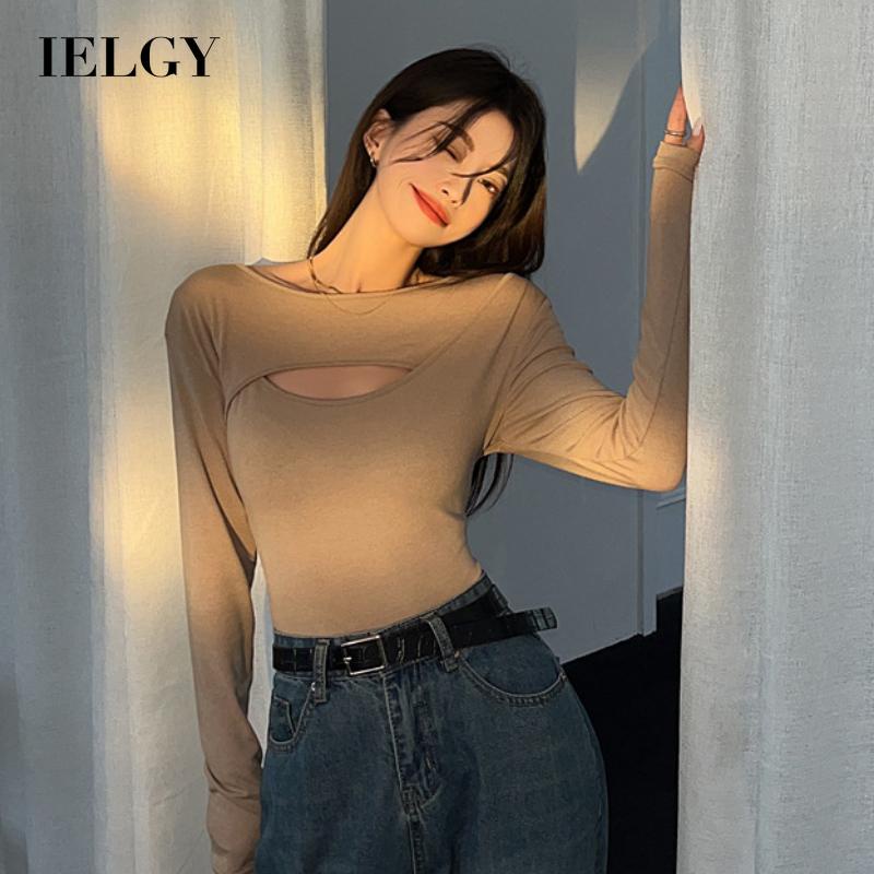 IELGY Áo Thun Tay Dài Màu Trơn Dáng Ôm Khoét Lỗ Cá Tính Cho Nữ Màu Sắc