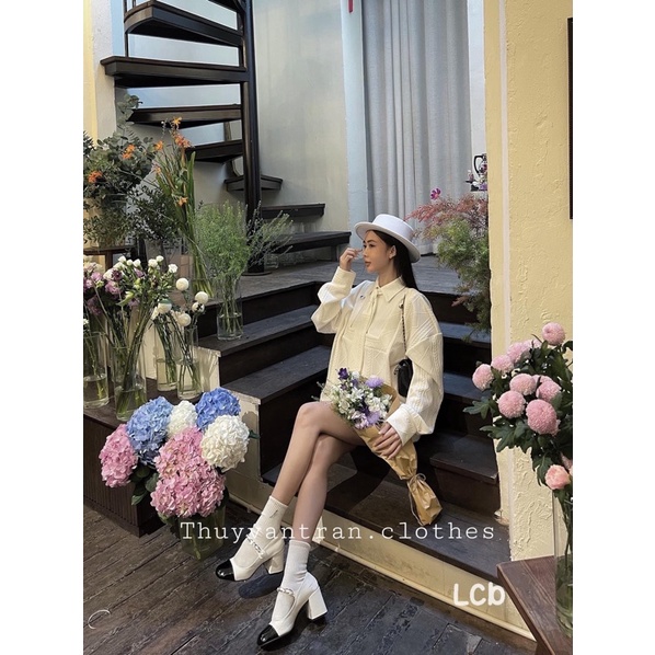 Giày nữ gót vuông 7f Miumiu da bóng pha mui, quai xích siêu xinh