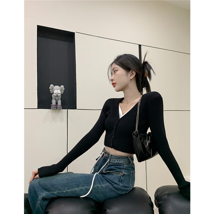 Áo croptop SUXI dệt kim tay dài cổ chữ V dáng ôm phong cách Hàn Quốc cho nữ