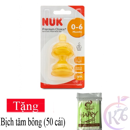 Ty thay bình sữa NUK Cao Su Cổ Rộng size 1S - 2 cái/vỹ Tặng 1 bịch tăm bông - Núm ty thay thế Premium Choice NU66049