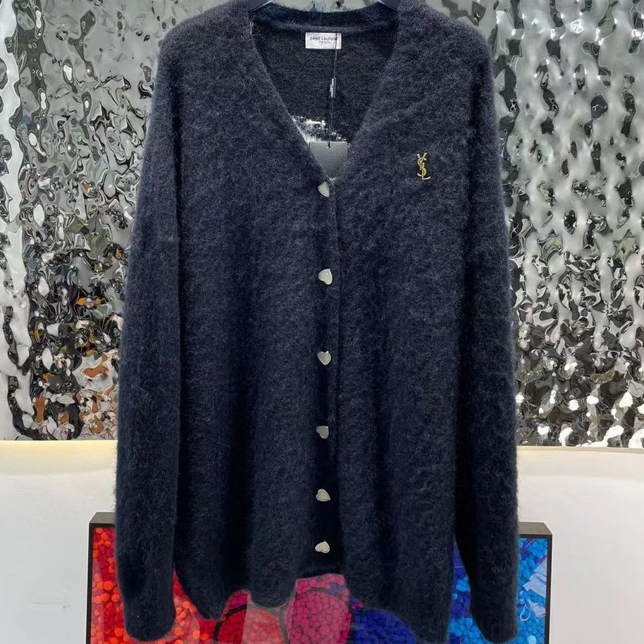 YSL Yves Saint laurent 22 autumn and winter letter jacquard cardigan men and women's same style personality advanced sense black mid-length sweater