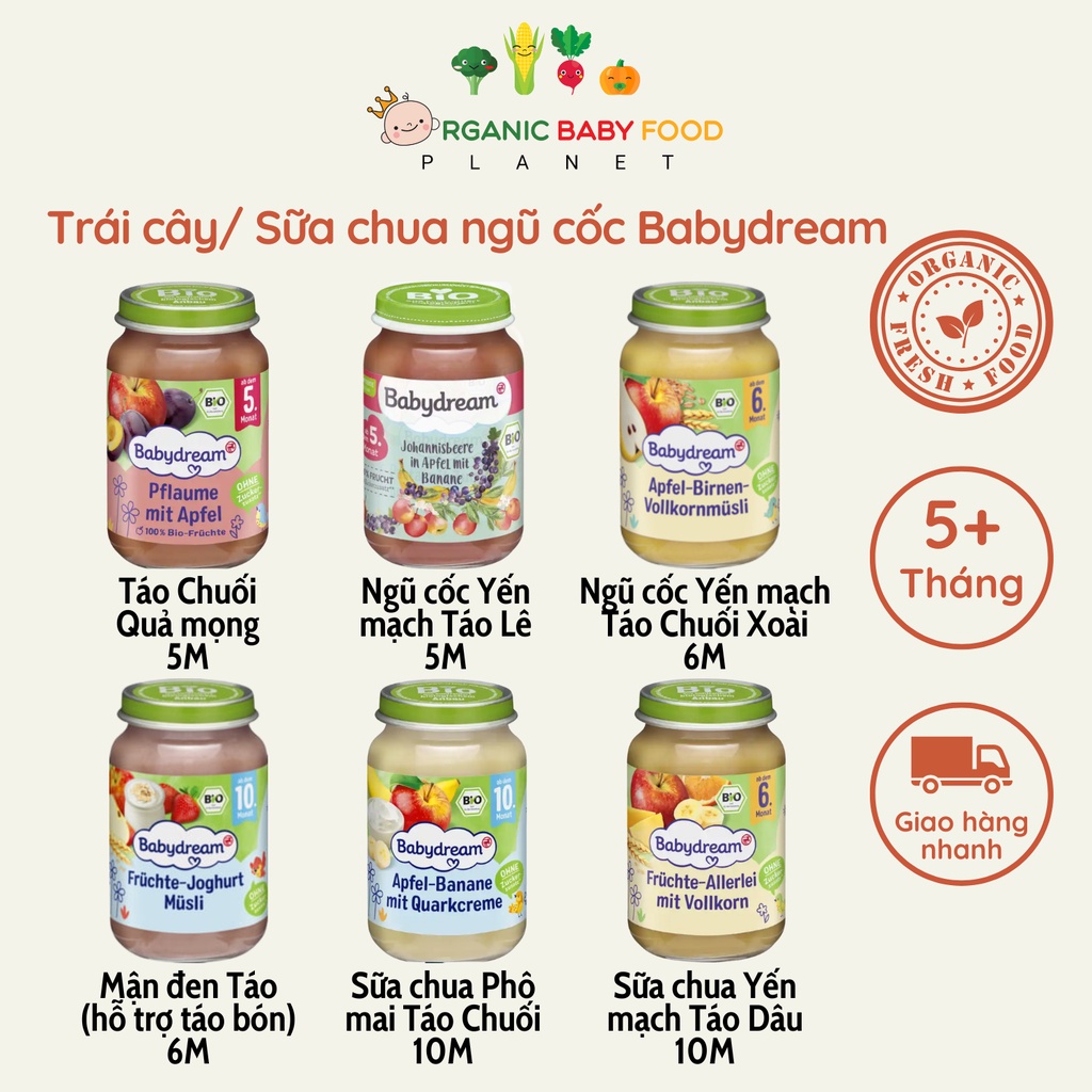Trái cây nghiền/ Sữa chua ngũ cốc hữu cơ Babydream Dinh dưỡng đóng lọ cho bé từ 5 tháng 190g