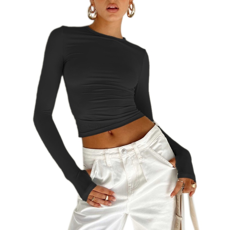 Áo Thun Crop Top Tay Dài Cổ Tròn Màu Trơn Ôm Dáng Thời Trang Mùa Thu Cho Nữ