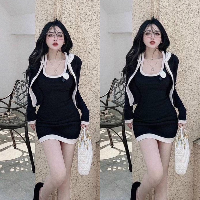 Set Đầm Body Gân Viền Phối Hoa Kèm Khoát Ngắn