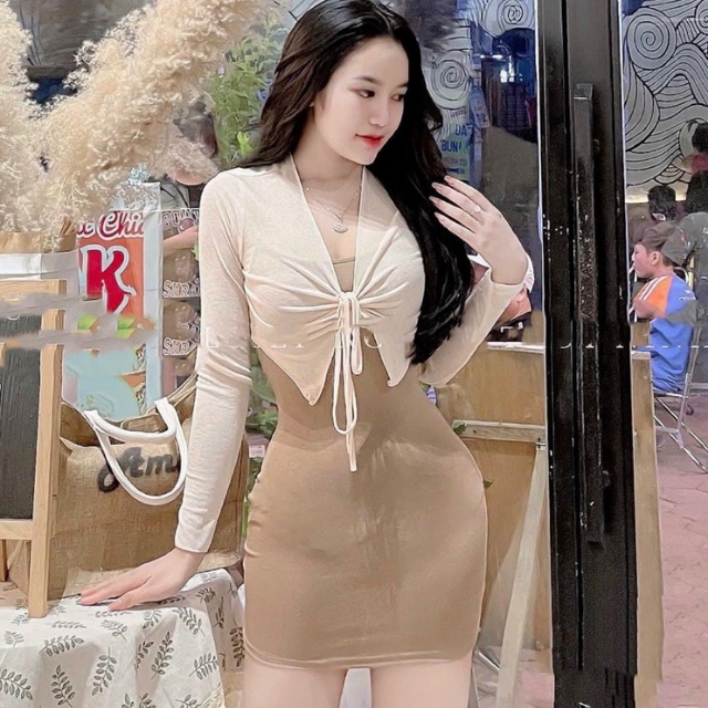 Đầm body ngắn phối khóac tay dài cánh nơ TIBU, Váy ôm dáng sexy mặc đi chơi, dự tiệc siêu xinh, tôn dáng cực đỉnh