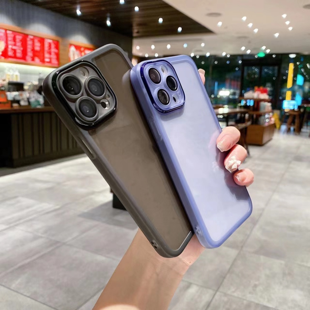 Ốp Điện Thoại PC Silicone Mềm Trong Suốt Màu Sắc Đơn Giản Bảo Vệ Ống Kính Máy Ảnh Cho iPhone 14 13 12 11 Pro Max 14Plus