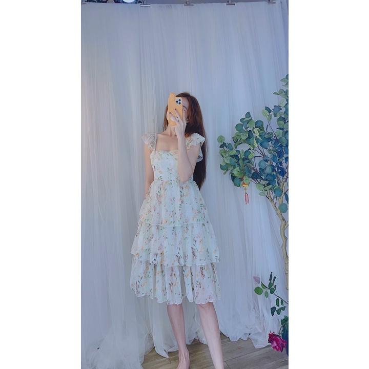 Đầm suông hoa nhí ba tầng tay cánh tiên có mút ngực lưng thun đi chơi mặc tết siêu xinh hình thật