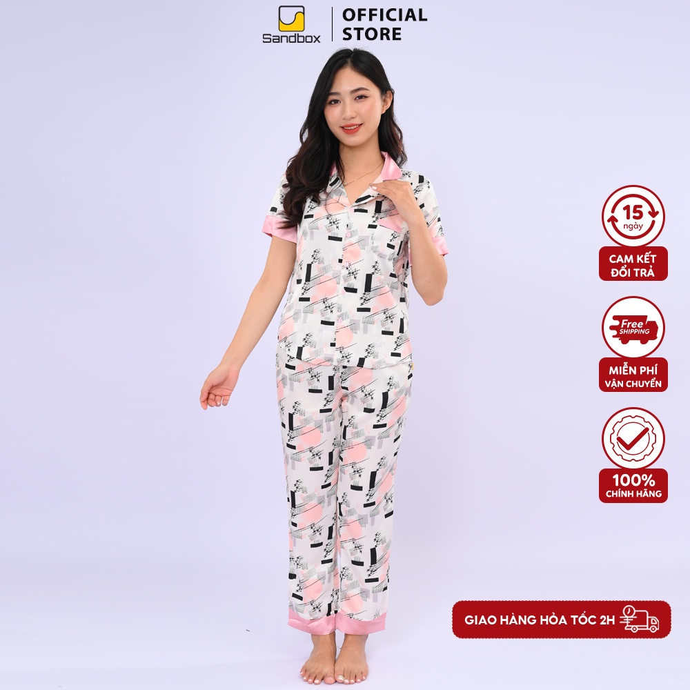 Đồ Bộ Nữ Pijama Mặc Nhà SANDBOX Thiết Kế Phối Tay Cộc, Quần Dài Lụa Satin Nhật Cao Cấp, Thoải Mái