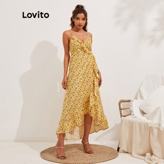 1221de-Đầm Lovito phong cách boho vải hoa bèo nhún ở lai đầm phối dây trễ vai phù hợp nghỉ dưỡng L13X009 (Màu vàng)