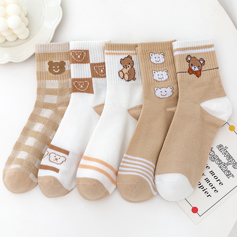 Vớ Ống Dài Màu Cà Phê In Họa Tiết Gấu Nhỏ Dễ Thương Thời Trang Xuân Hè Phong Cách Nhật Bản Cho Nữ