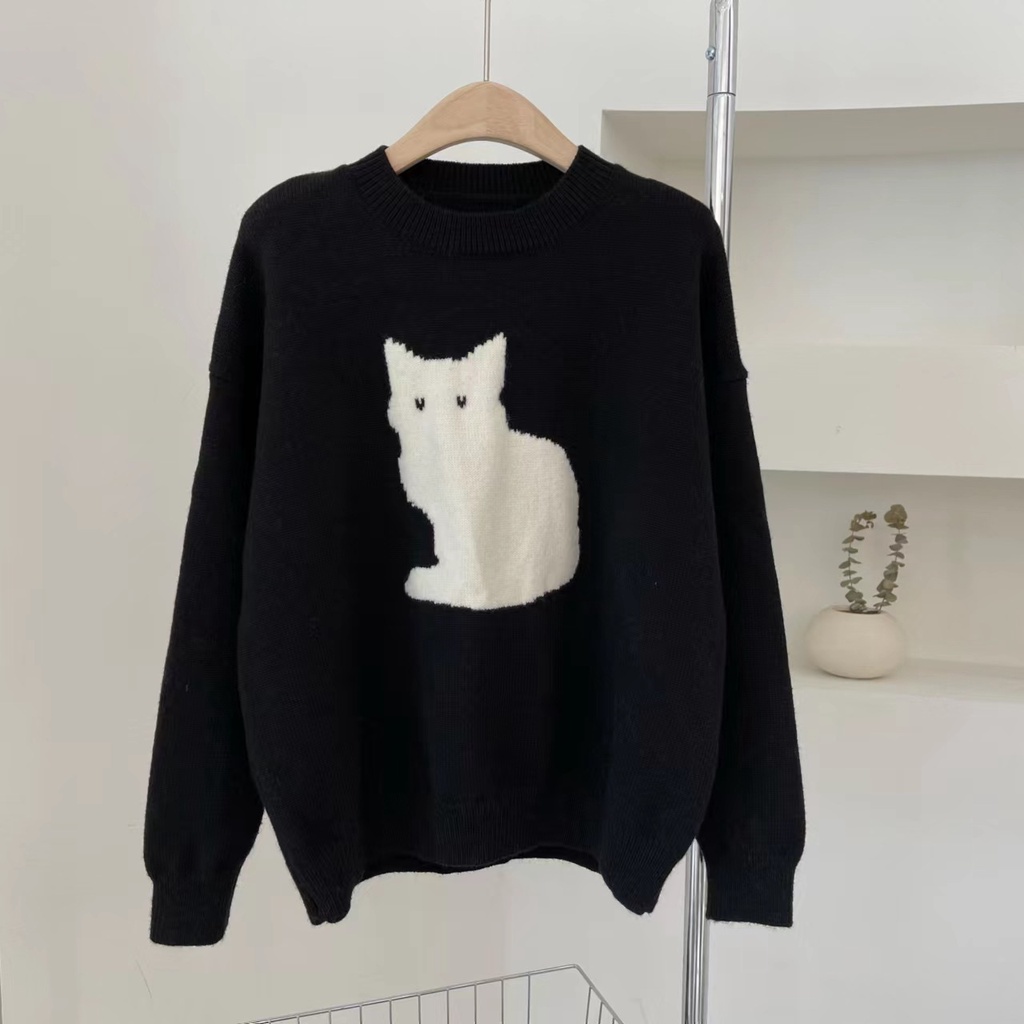 DIDIKA Áo len Áo Sweater Cổ Tròn Họa Tiết Mèo Thời Trang Mùa Thu Mới