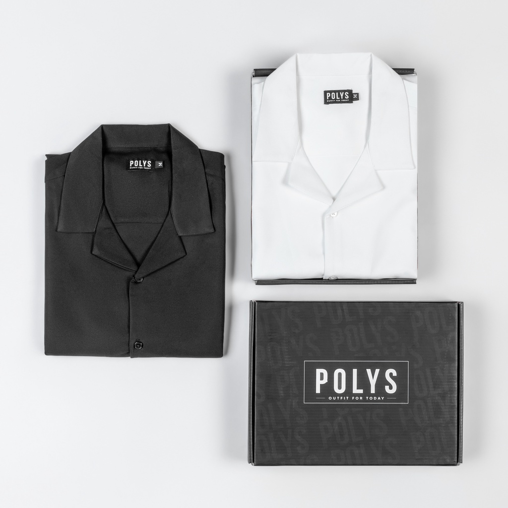 Áo sơ mi nam POLYS Fullbox, Vải Chéo dày dặn, co giãn, thoáng khí. Áo sơ mi tay ngắn Cổ Vest Trắng Đen CUBAN SHIRT