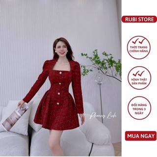 V39 - Đầm thiết kế LINH RUBI STORE chất dạ dáng xòe đính khuy đá