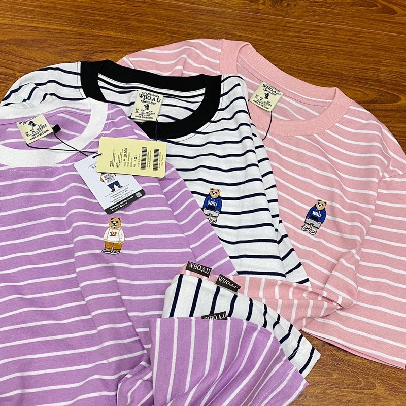 Áo thun sọc thêu logo gấu Whoau xuất Hàn