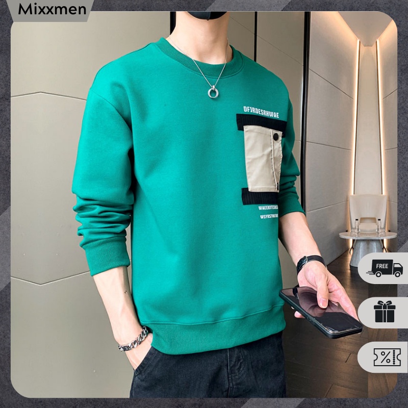 Áo Sweater Nỉ Nam Form Rộng Cổ Tròn Bo Gấu Phối Họa Tiết Túi Ngực Thời Trang Mixxmen TOP NAM 240