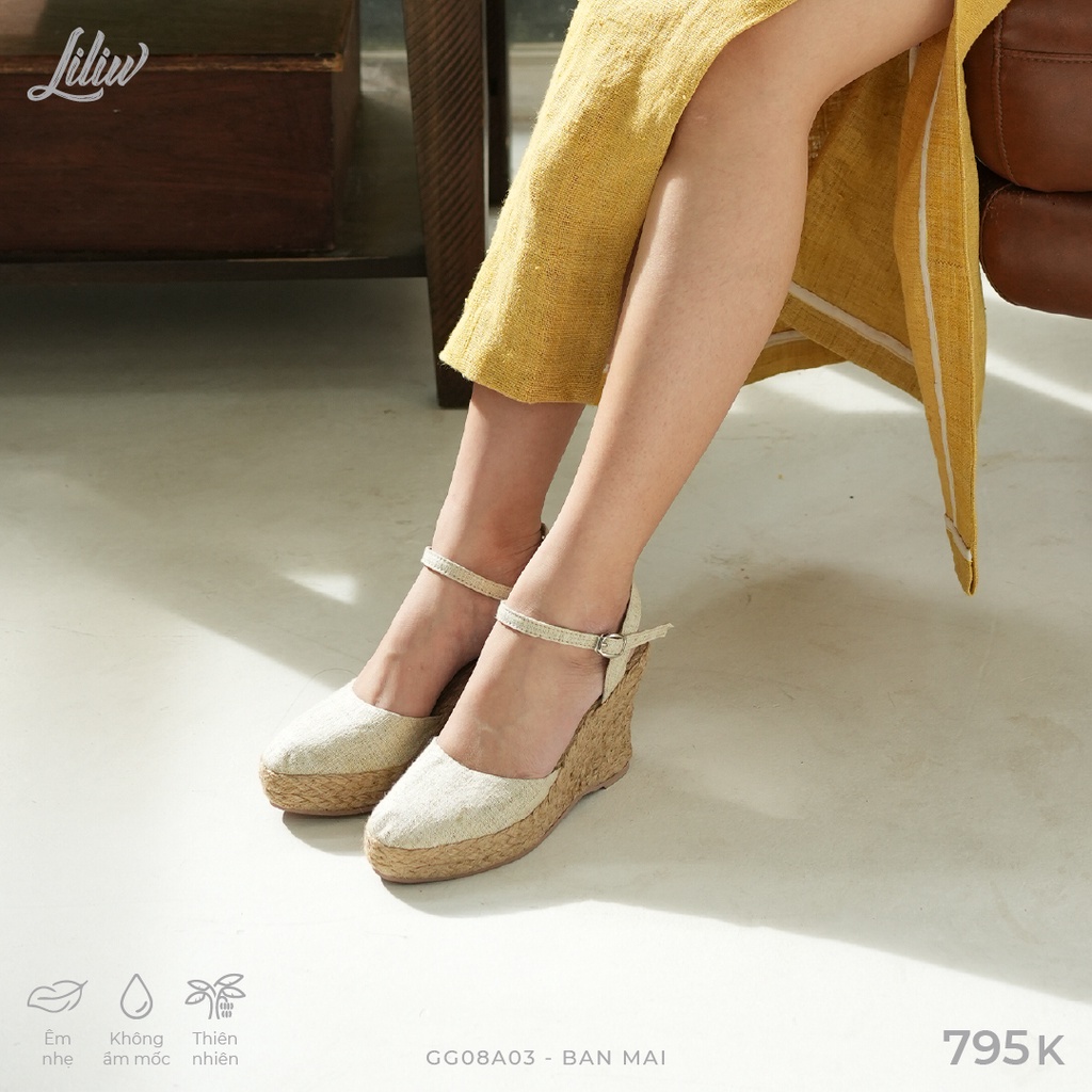 Giày cói Liliw đế dạng xuồng quai gài gót mảnh phối vải Gai Dầu Tây Bắc cao 8cm - Ban Mai