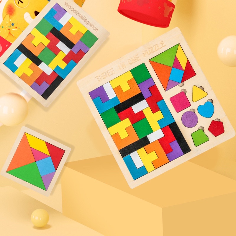 Xếp hình puzzle 3 in 1 Tangram + hinh học + ghép hinh Tetris giáo dục sớm