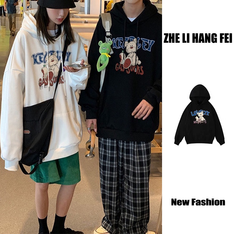 Áo sweater ZHELIHANGFEI tay dài dáng rộng họa tiết gấu in phong cách Preppy