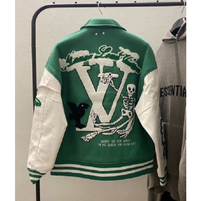Áo khoác bomber bóng chày  lv xanh chất dạ phối tay da cao cấp