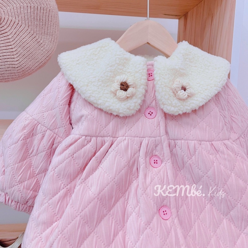 Áo Khoác Nhung Trám Siêu Ấm Lót Nỉ Cổ Lông Cho Bé Gái