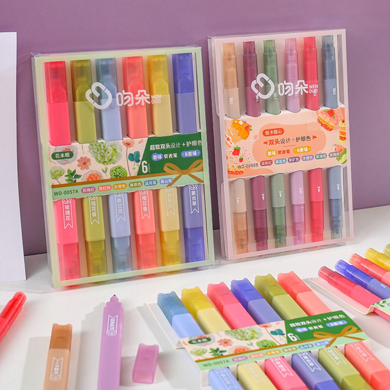 Set 6 bút highlight thân vuông 2 đầu Lonita bút nhớ màu pastel dễ thương BH04