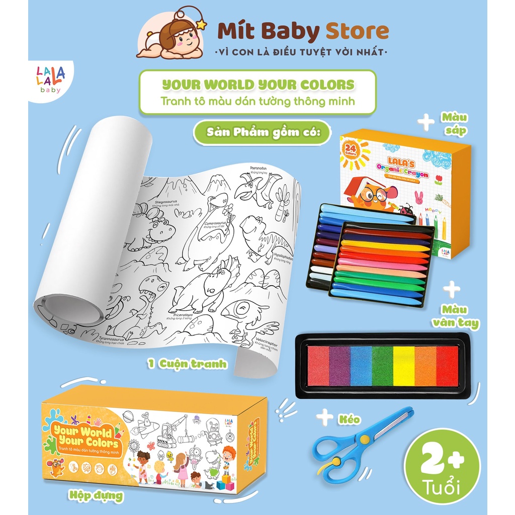 Bộ tranh tô màu dán tường dài 3m Lalala Baby có 24 sáp màu hữu cơ + màu vân tay + kéo cho bé