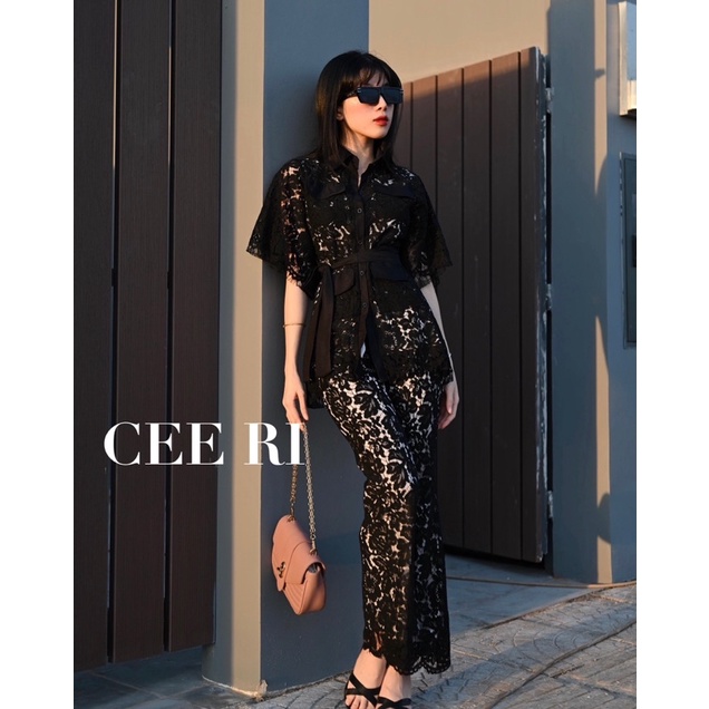 CEE RI - Set ren cao cấp hai lớp gồm áo sơ mi kèm đai và quần ống loe nhẹ