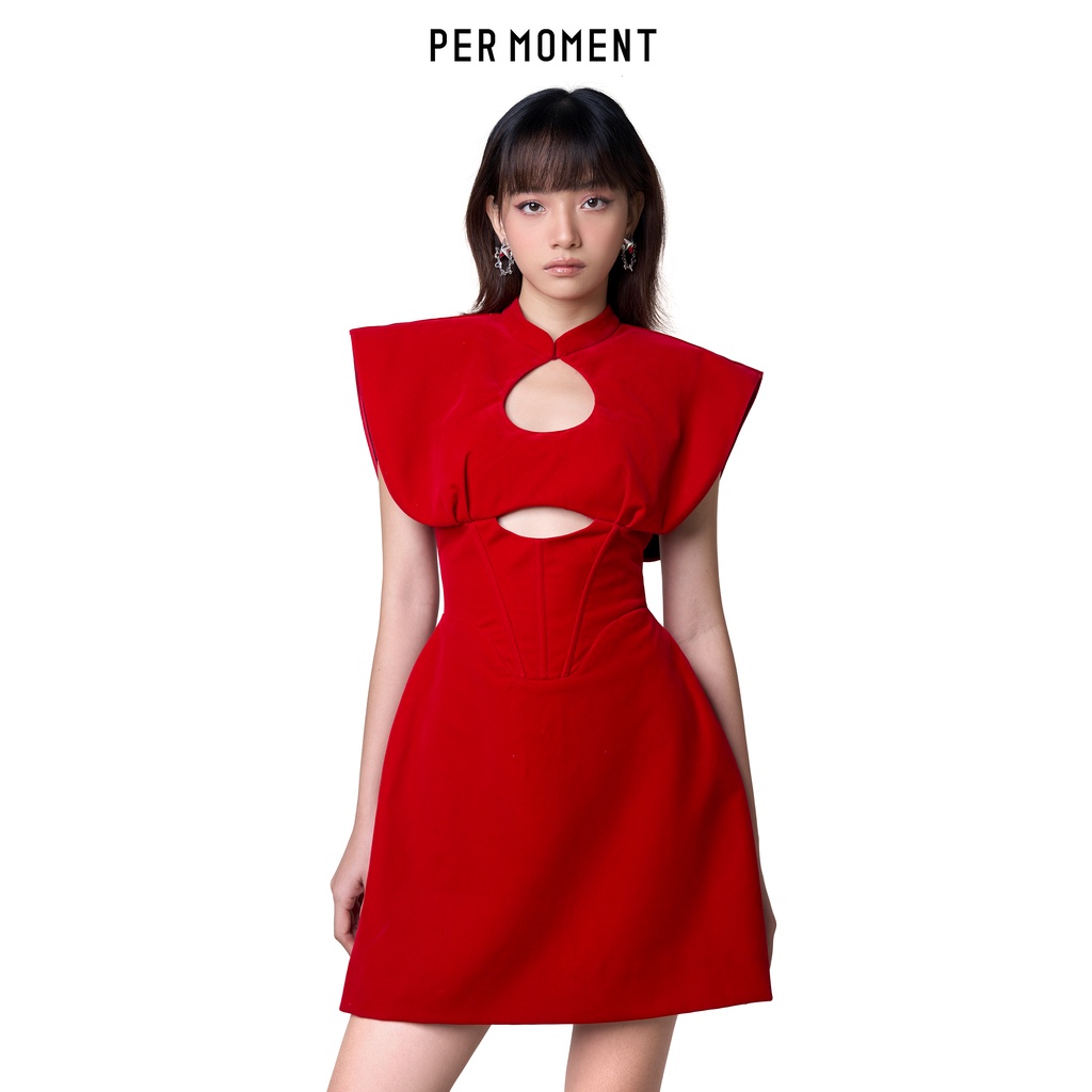 Váy PER MOMENT thiết kế dáng chữ A tay cánh tiên chất nhung cao cấp