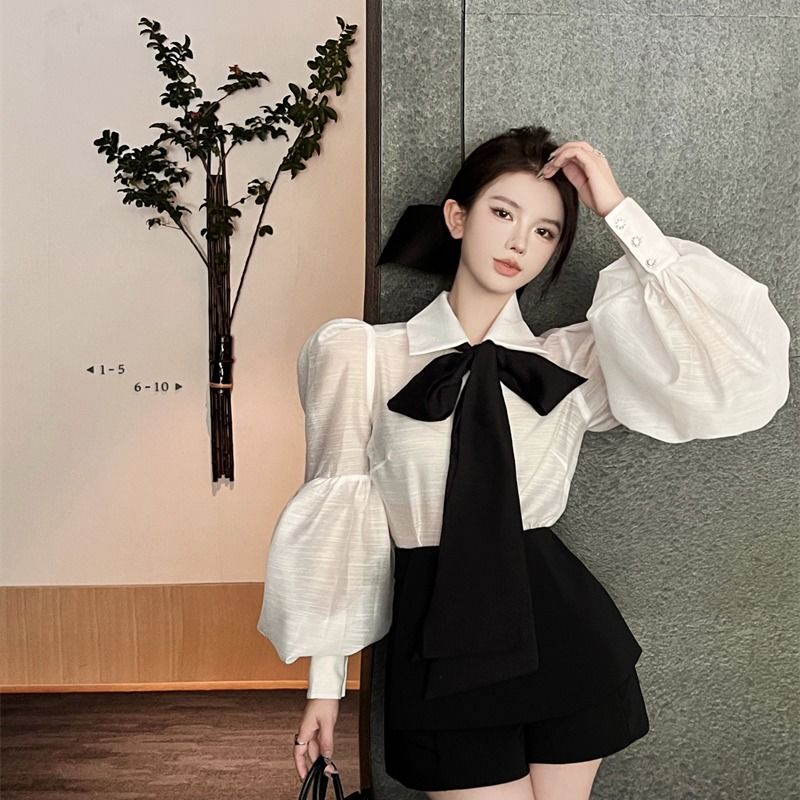 Áo Sơ Mi Tay Phồng Phối Ren Thắt Nơ Thanh Lịch Thời Trang Công Sở Cho Nữ