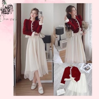 Set áo nhung bèo phối chân váy dài xoè