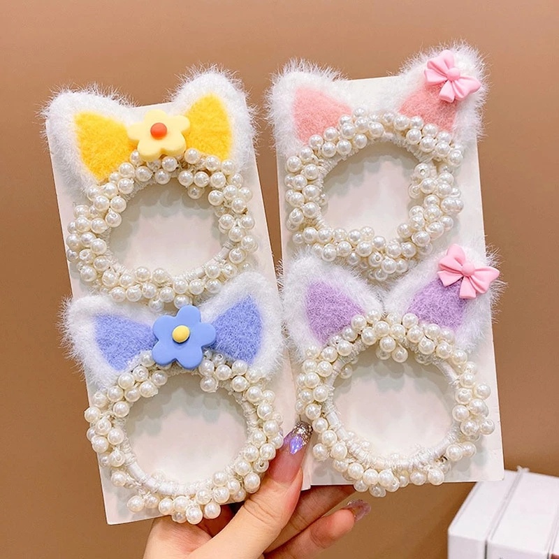 Dây Cột Tóc Hai Lớp Co Giãn Đính Tai Mèo Bông / Ngọc Trai Dễ Thương Cho Bé Gái