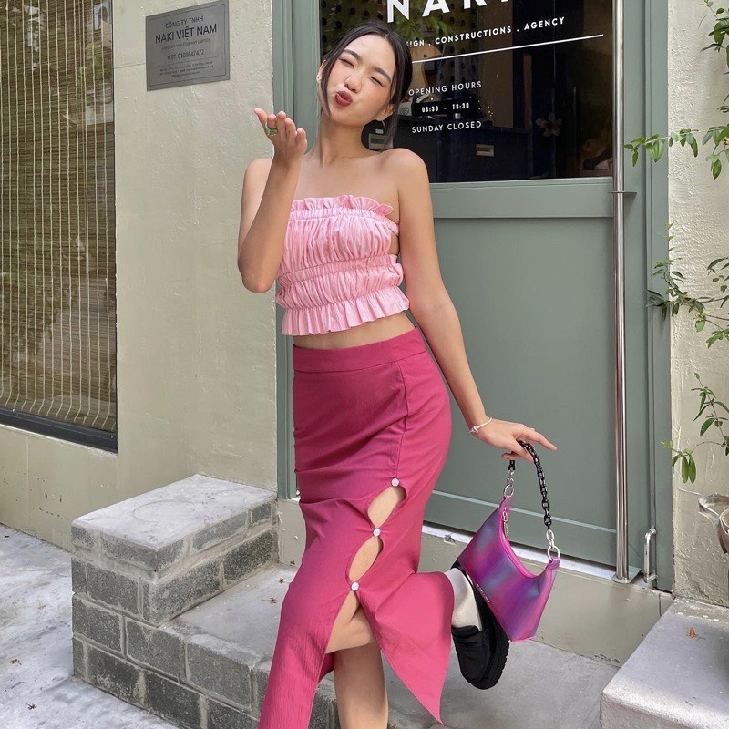 PINKY SET 💞 - Set Áo Ống Dây Lưng & Chân Váy Xẻ Tà Siêu Sexy Sang Chảnh Cho Cô Nàng Hiện Đại