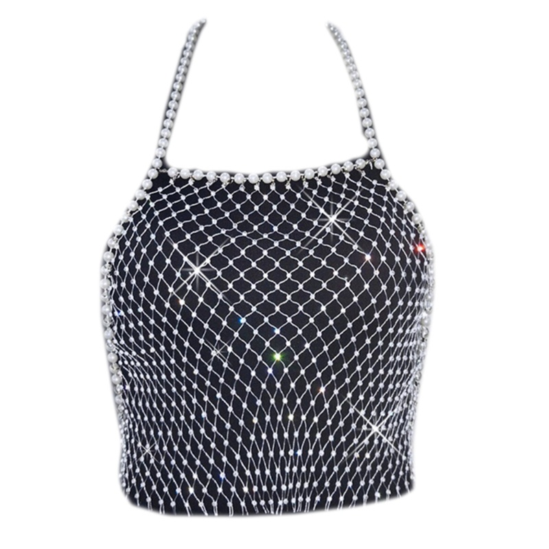 Áo Croptop Lưới Hở Lưng Đính Đá Và Ngọc Trai Thời Trang Dự Tiệc Cho Nữ