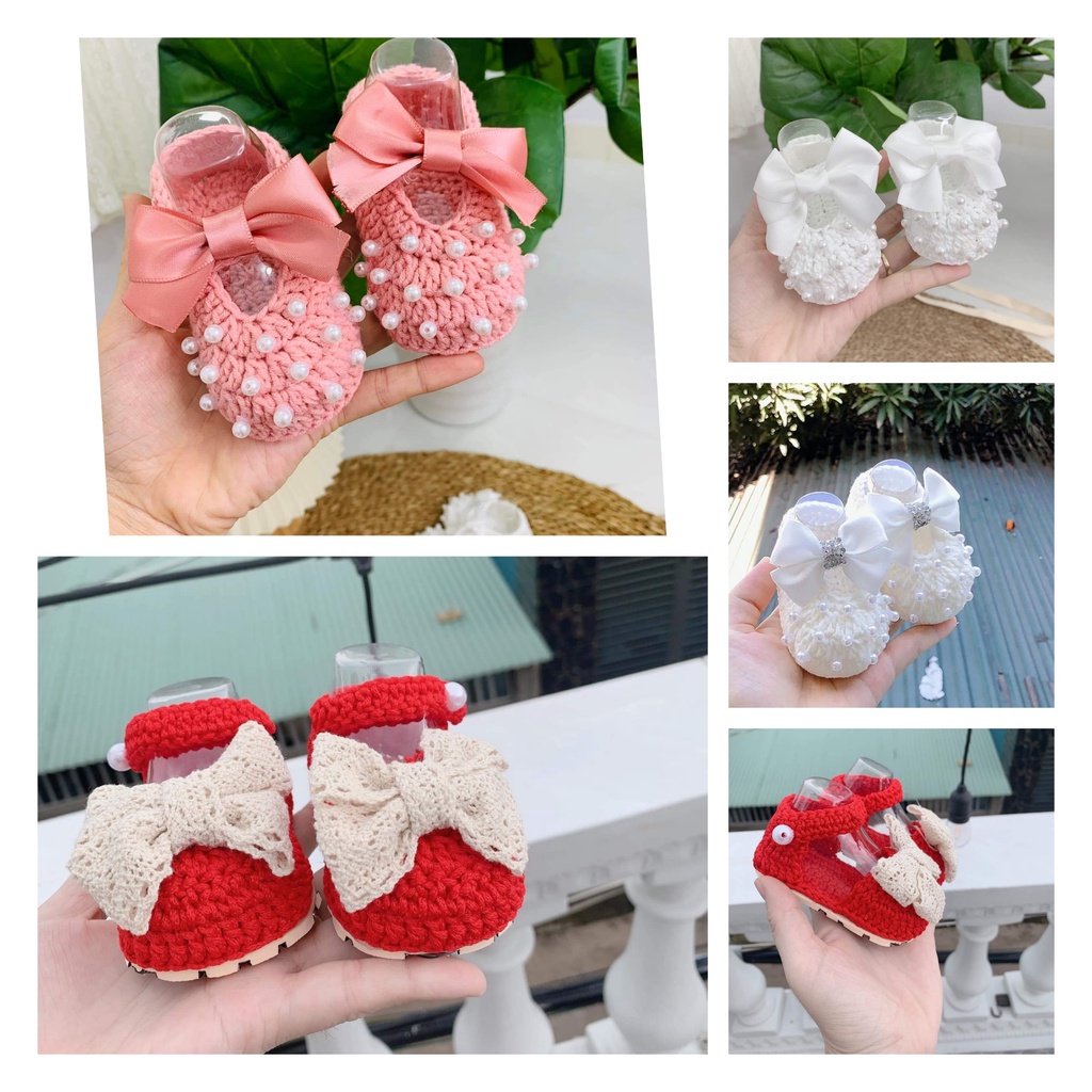 Giày nơ đính ngọc Handmade cho bé gái. Giày sơ sinh cho bé đầy tháng, chụp ảnh, [SP0393]