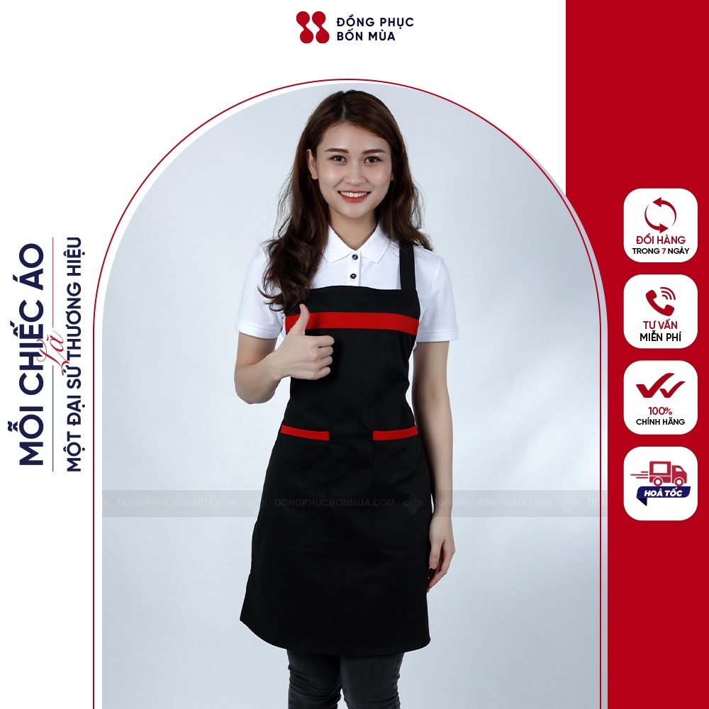 Tạp Dề Yếm Cao Cấp Màu Đen Phối Đỏ Vải Kaki Cotton IN LOGO theo yêu cầu - Đồng Phục Bốn Mùa