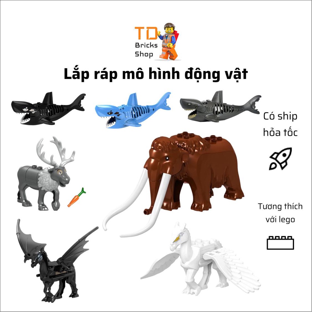 Minifigure động vật, ngựa có cánh chiến đấu, voi ma mút, tuần lộc, cá mập quái vật, nhiều mẫu hàng mới 100%