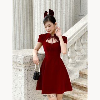 Đầm nhung buộc nơ cổ cutout trẻ trung cuốn hút Bona