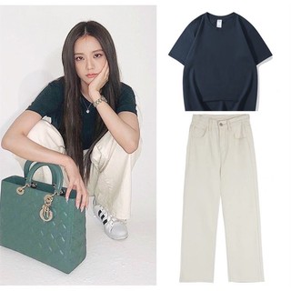 Quần jeans dáng suông màu kem giống Jisoo BLACKPINK
