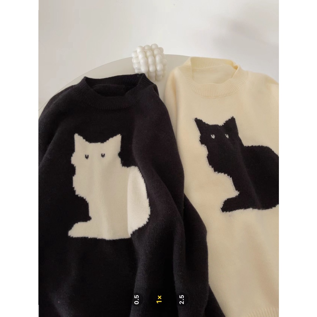 DIDIKA Áo len Áo Sweater Cổ Tròn Họa Tiết Mèo Thời Trang Mùa Thu Mới