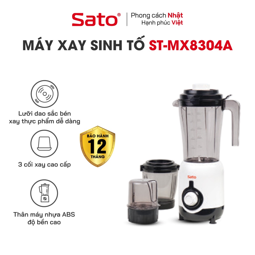 Máy xay đa năng Sato MX8304A, 3 cối riêng biệt nhựa ABS chịu lực tốt, xay sinh tố, xay thịt cá, xay khô