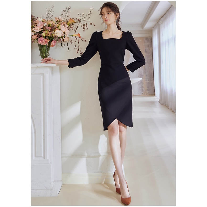 Đầm đen cổ vuông tay dài lơve dáng ôm đuôi nụ hoa