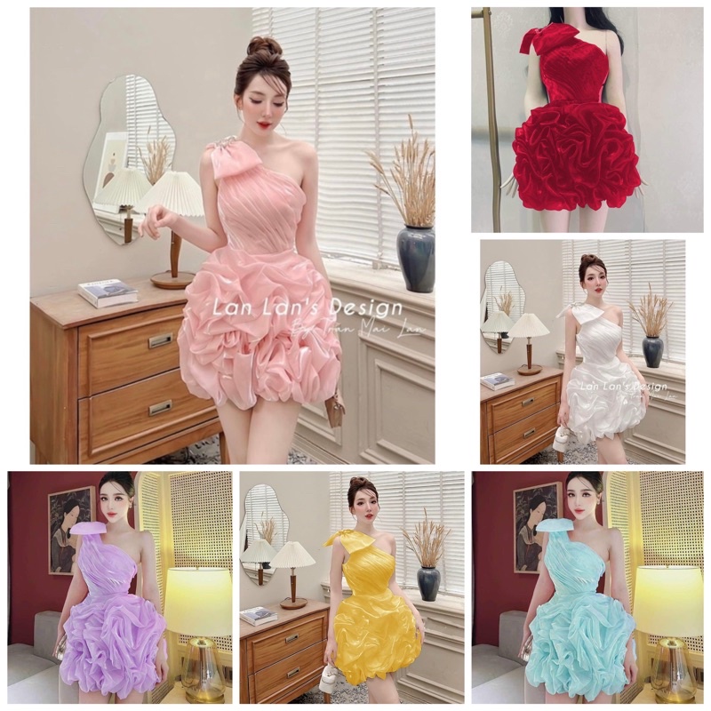 Đầm voan tơ óng lệch vai nơ xoè tùng bí siêu sang chảnh
