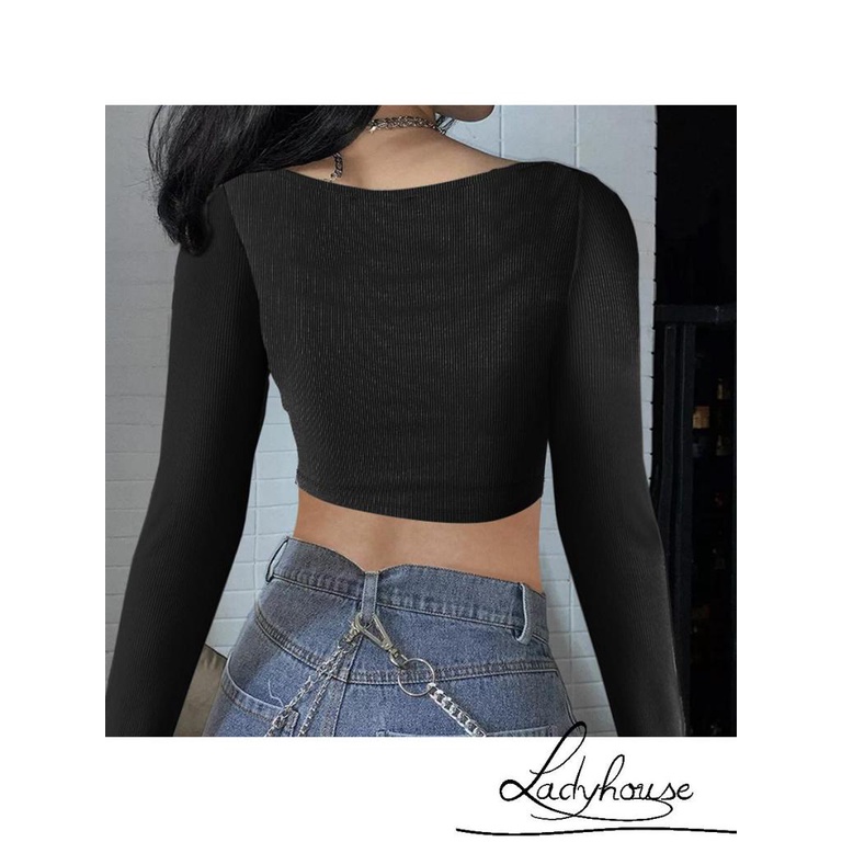 Áo Croptop Dệt Kim Tay Dài Cổ Vuông Cài Nút Thời Trang Mùa Thu Dành Cho Nữ