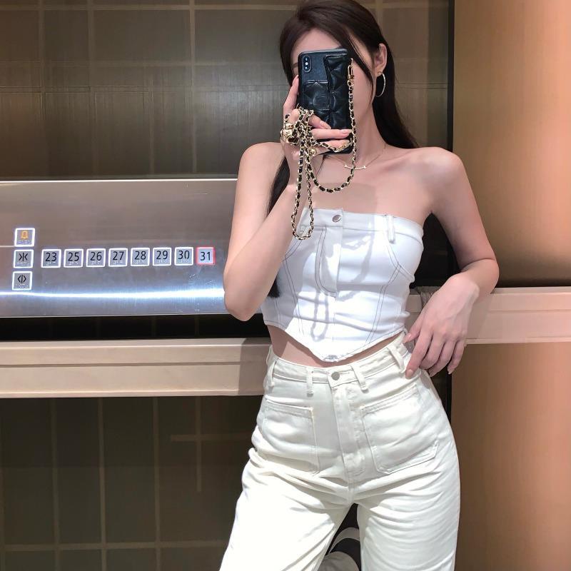 Jiashucheng Áo Ống Denim Mỏng Mùa Hè Ôm Ngực Không Dây Phong Cách Quyến Rũ Cho Nữ