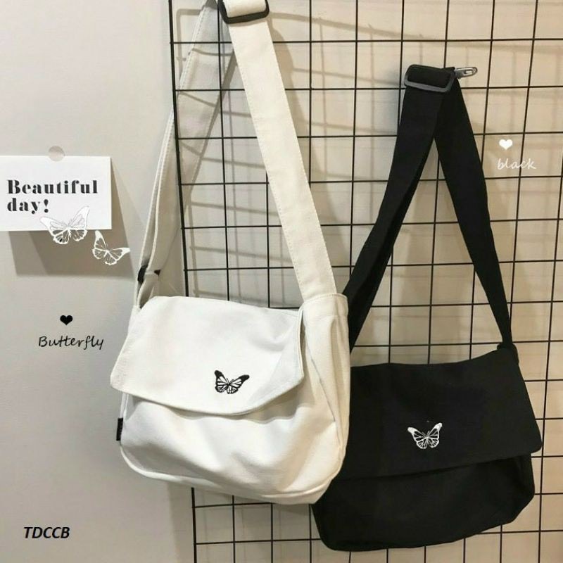 Túi tote đeo chéo đeo vai vải canvas giá rẻ đi học đi chơi unisex phong cách ullzang hình bươm bướm