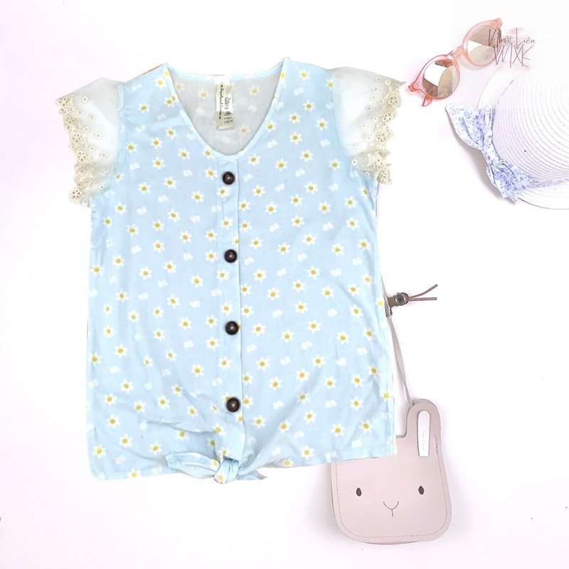 Áo Lanh Buộc Vạt Cổ Tim Tay Ngắn Ren Lưới Phối Cúc Bé Gái Xuất Mỹ HEART & ARROW Hàng Xuất Xịn Cao Cấp Mát Hoa Nhí Biển